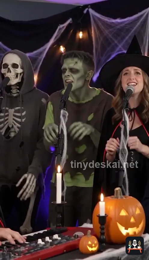 Halloween concert inspiration: A costumed backing band, warm light and pumpkins.