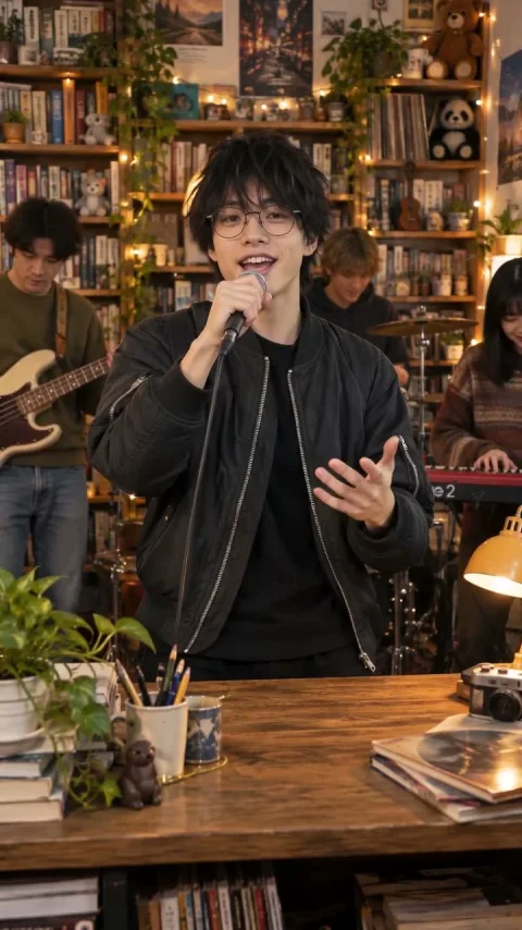 Indie solo session at a desk with a live band