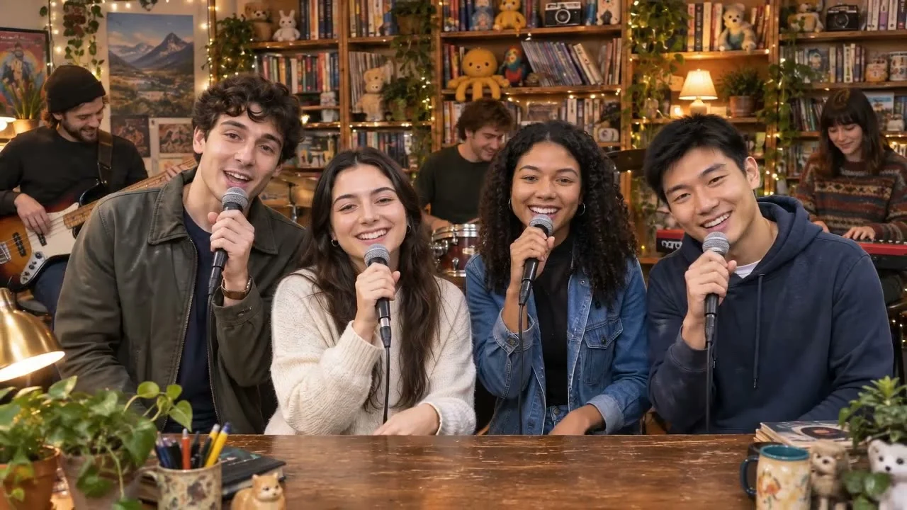 Group vocals at a desk with a live band